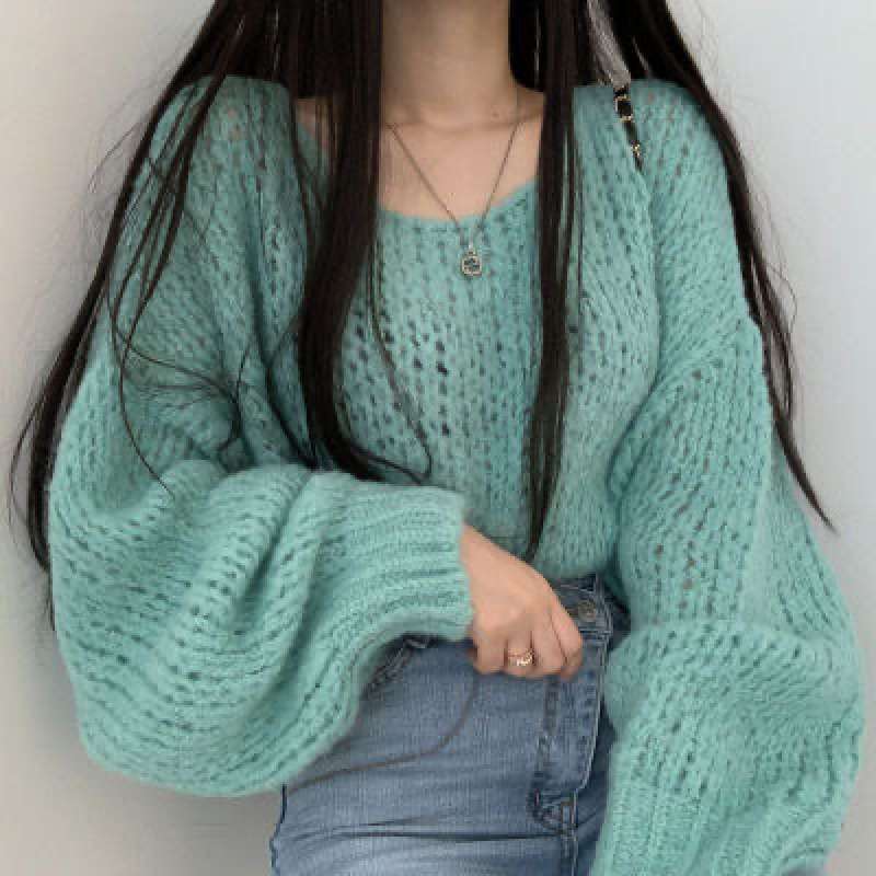 韩国chic秋季百搭糖果色显肤套头宽松粗线灯笼袖针织毛衣女