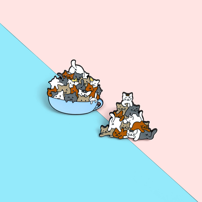 cartoon cute contrast color little cat teacup alloy brooch
