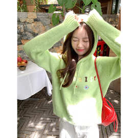韩系早秋绿色连帽套头毛衣女秋冬外穿宽松针织衫毛衣上衣