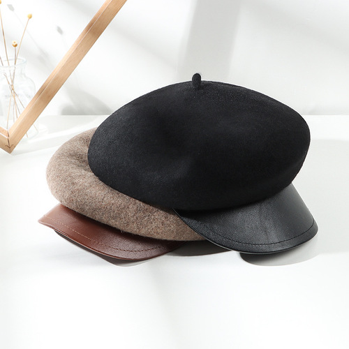 Autumn and winter hats for women, retro socialite color-blocking, Japanese-style leather brim, wool octagonal hat, British woolen versatile beret