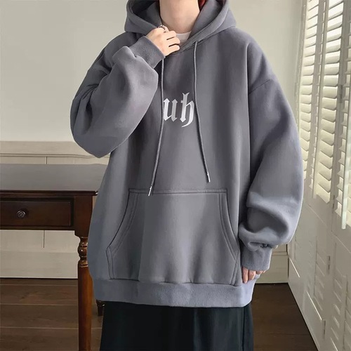 Beanie Hoodie Men Winter Vintage American Retro Loose Fleece Thick Streetwear Brand Large Size Outerwear Trend