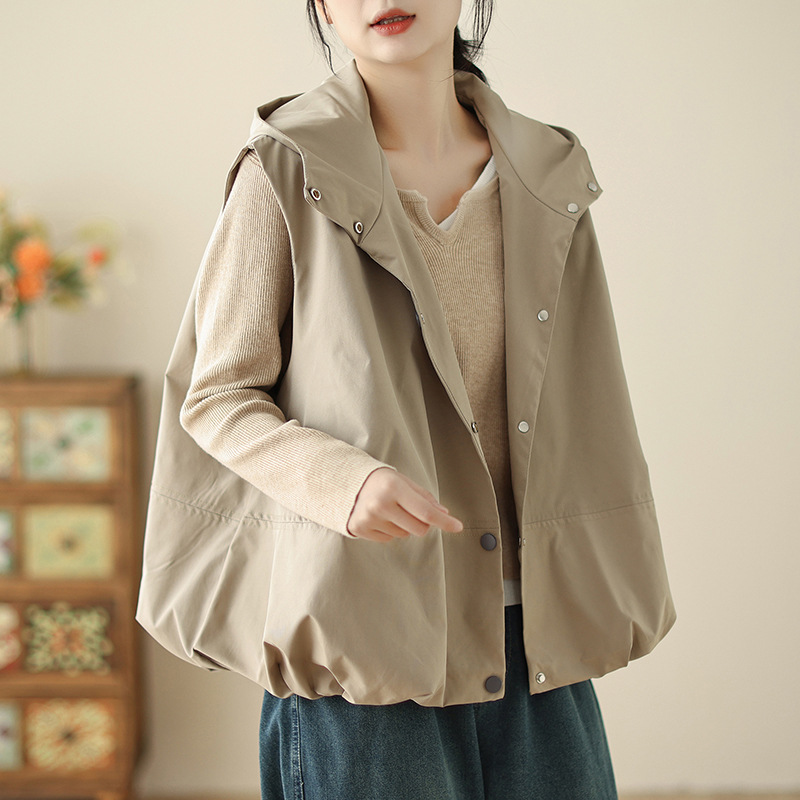 Real Shot of 2026 Spring and Summer New Style Artistic Solid Color Hooded Vest for Women, Casual Age-Reducing Cardigan Sleeveless Top