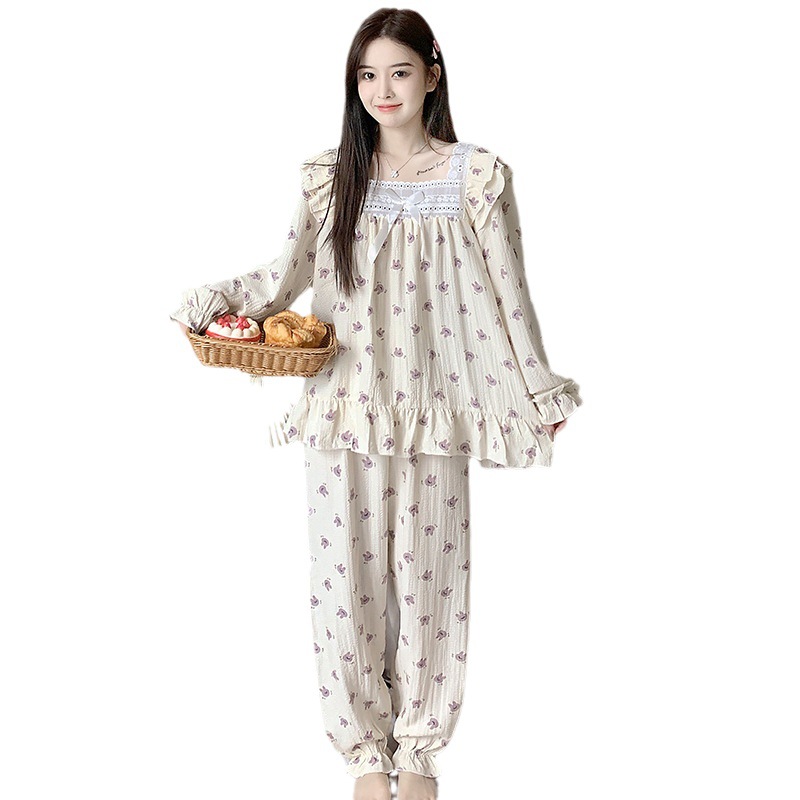 Estilo japonés simple pijamas de las mujeres tejido crepe encaje algodón pullover manga larga Otoño e Invierno dulce desgaste del hogar traje