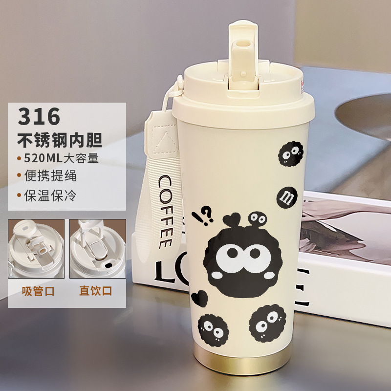 不锈钢内胆咖啡杯卡通有提绳带吸管保温杯女生可爱凯蒂便携随行杯|undefined