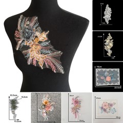 Mesh fabric with floral polyester embroidery, hand-stitched beads and rhinestones, single flower band with DIY sewing decoration, suitable for clothing accessories.