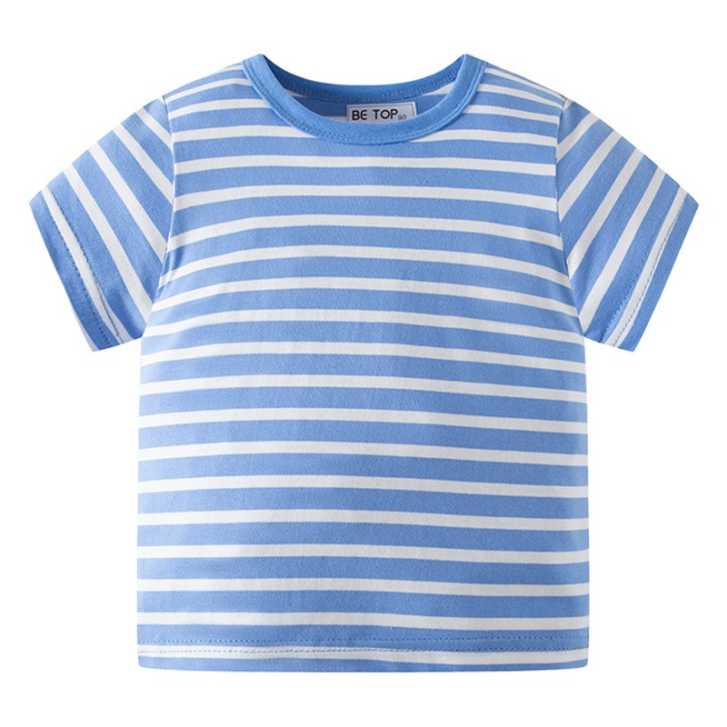 Camisetas de verano 2025 para niños, de algodón puro, informales, a rayas, con cuello redondo, transpirables, de manga corta, al por mayor.