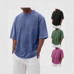 2025 新しいクロスボーダー Amazon AliExpress 春夏メンズウォッシュドカラーダメージソリッドカラープルオーバーショート Tシャツ