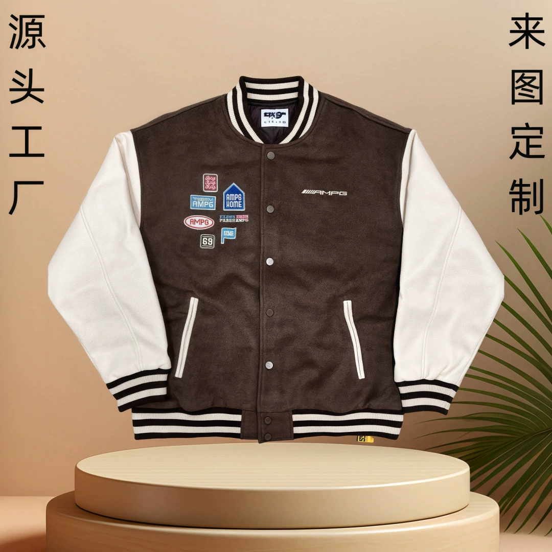 Бейсбольная куртка из шерсти на заказ с вышивкой на воротнике-стойке, куртка в американском уличном стиле с вышивкой полотенца и рукавами из искусственной кожи.