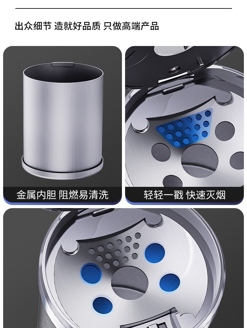 New Car Ashtray, Light Luxury Leather Alloy Inner Container, Press Switch, Led 3D Metal Ashtray with Lid