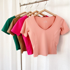 兮羊牧雪瑜伽服運動健身短袖T夏季V領透氣上衣lulu同款短款健身衣