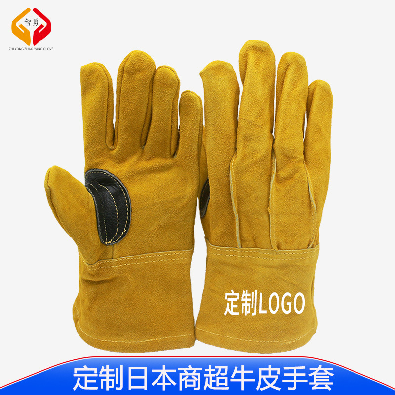 跨境日本款隔热耐磨棉内里三筋牛二层皮户外野营烧烤焚火电焊手套