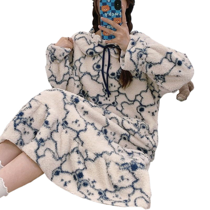 산호 플리스 나이트드레스 여성 가을과 겨울 라운드넥 긴팔 따뜻한 플러스 벨벳 두꺼운 플란넬 무릎 위 플러스 사이즈 홈 의류