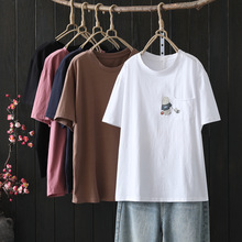 92066韩版口袋印花圆领短袖棉质T恤 女夏装新款宽松显瘦打底上衣