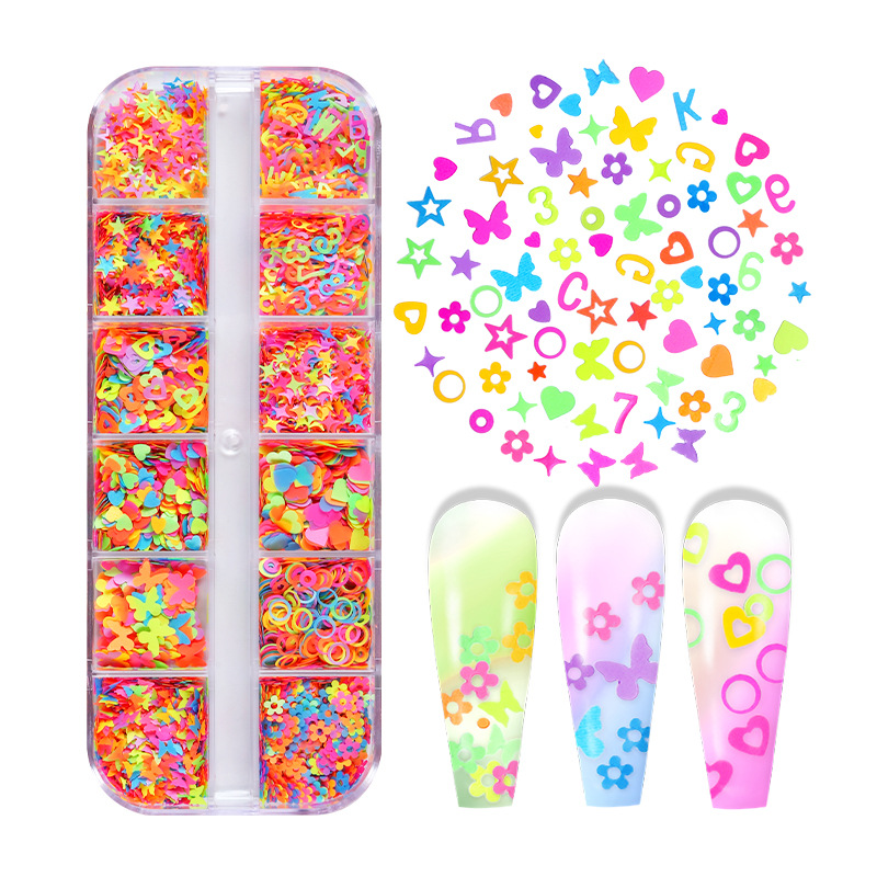 12-rejilla en caja de colores en forma especial lentejuelas mariposa amor flor estrella uñas DIY lentejuelas joyería al por mayor