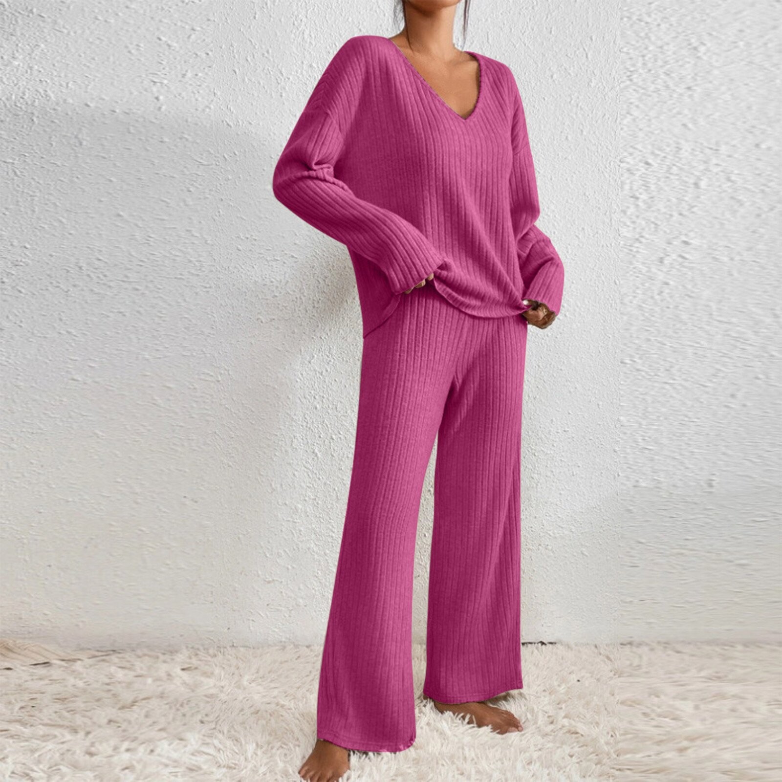 Langärmliges, lässiges Lounge-Set mit V-Ausschnitt für Damen – weich gebürstete, gestreifte Jogginghose und Oberteil (S–XXL, Herbst-/Winterkollektion)​​_voghion.com