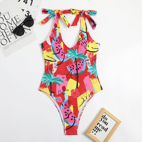 New multi-color printed sweetheart neckline bow European and American women's triangle one-piece beautiful back sexy swimsuit bikini