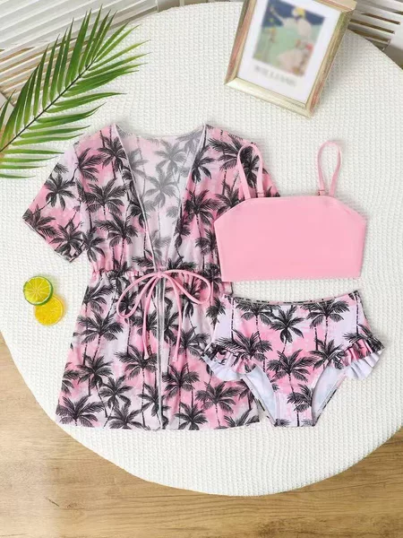New Cross-Border Girls' Swimwear Multi-Color Printed Ruffled Bikini Three-Piece Set