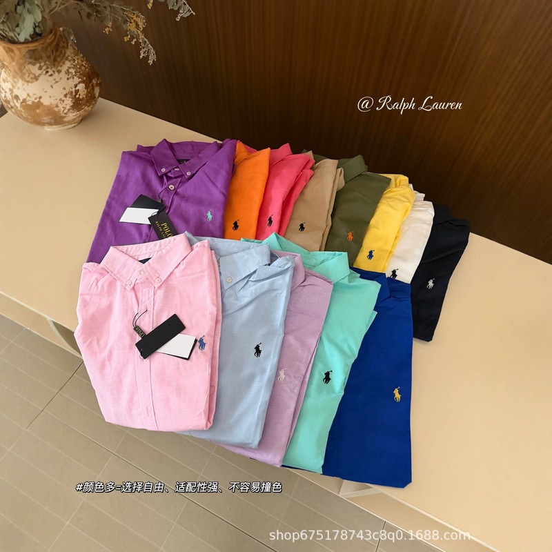 Scan the Qr Code to Purchase Tencel Linen in 13 Colors, In-Stock Rl Pony Logo Embroidery, Candy-Colored Classic Basic Shirt for Women, Solid Color