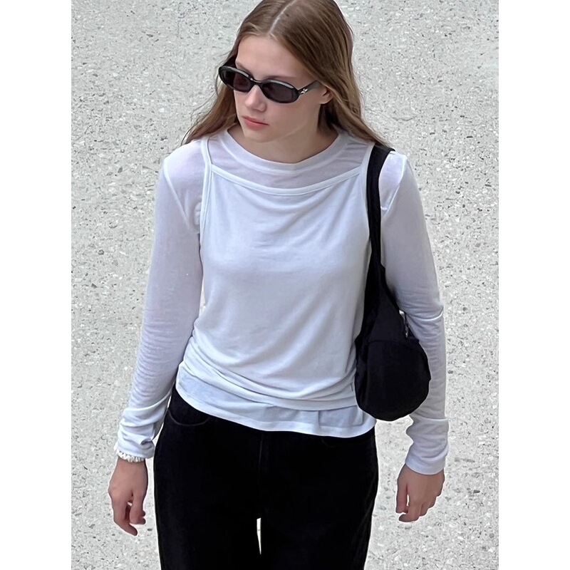 N*Thing W*Itten T-Shirt Women's 2024 Spring & Fall New Pure Color Casual Two-Piece Set Layered New Style Top