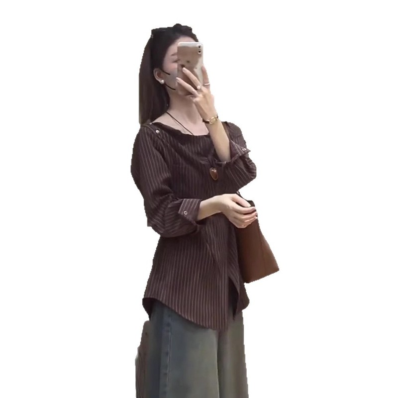 初春韩系穿搭一字肩条纹不规则长袖衬衫女春秋外搭设计感小众衬衣|undefined