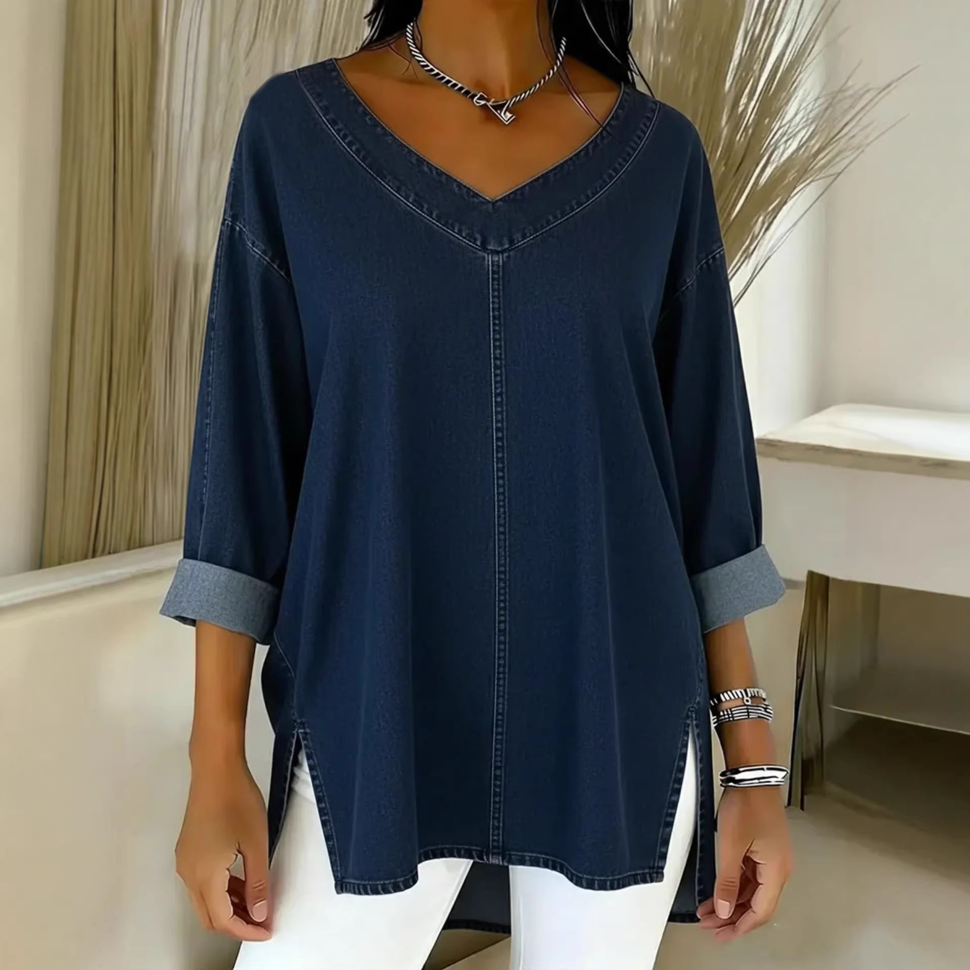 Women's Denim V Neck Top Street Fashion Spring New Arrival_ecoleips.com