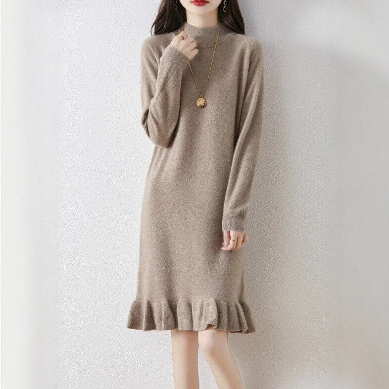 Autumn and winter women's half-high collar pullover thickened warm lace hem solid color knitted dress loose mid-length pencil skirt