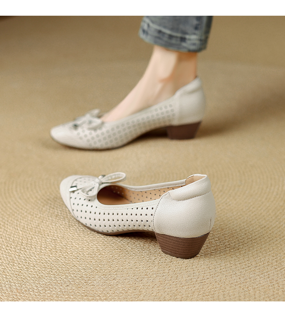 Giày sandal nữ hở mũi gót thấp 3,5 cm, thiết kế đục lỗ thoáng mát, phong cách đơn giản bốn mùa — màu trắng ngà chi tiết 11
