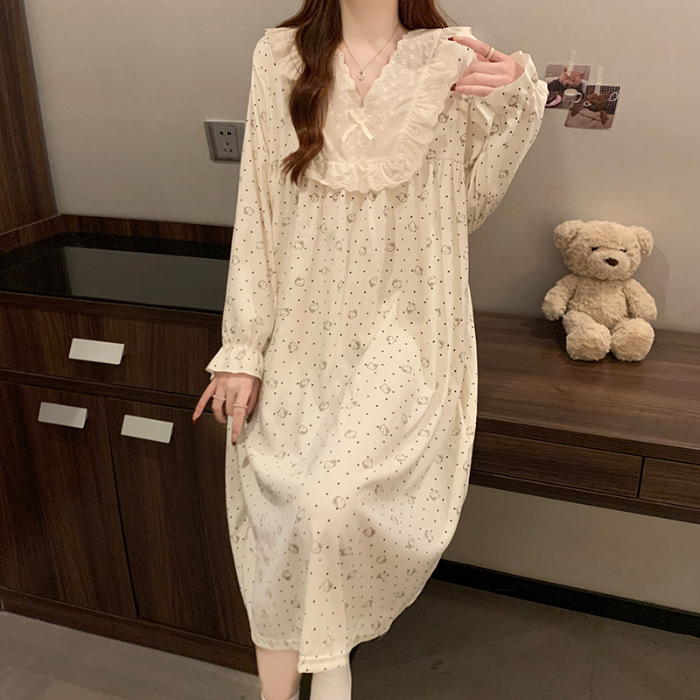 2025 pijama de otoño mujer delgado tejido pijama nubes de algodón de encaje dulce princesa vestido de vestir al por mayor