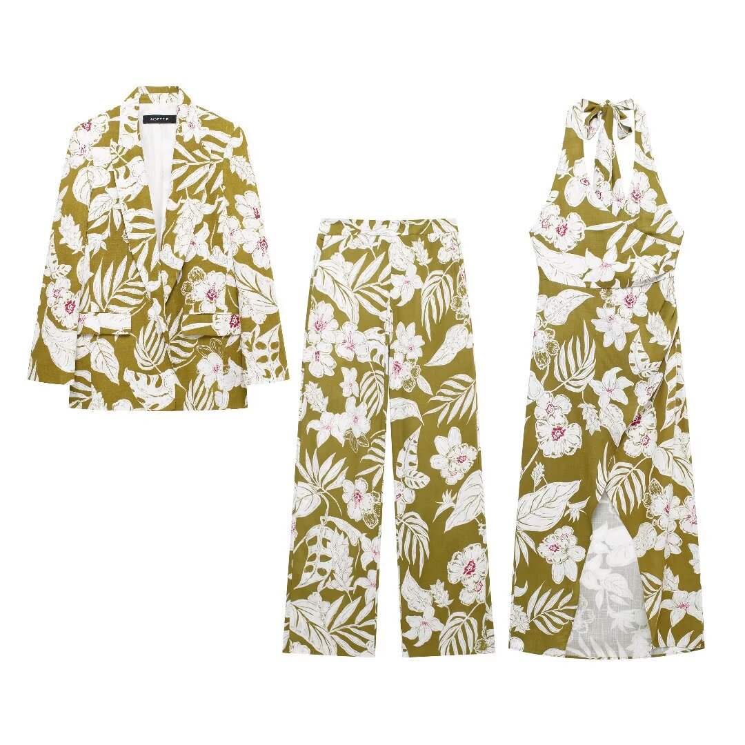 Women's linen blend flower print suit jacket pants dress set_voghion.com