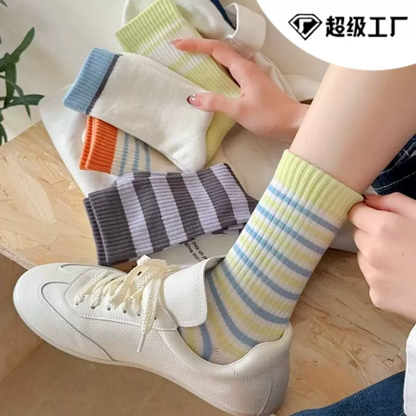 25春夏棉质袜子女仿双针韩系条纹中筒袜吸汗透气柔软舒适休闲女袜