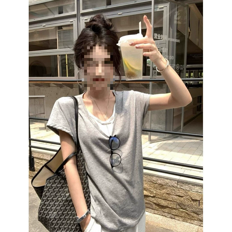 YS8 оригинальная хлопчатобумажная ткань со снежинками, имитация двух частей, футболка с v-образным вырезом и короткими рукавами, женская летняя свободная футболка контрастного дизайна