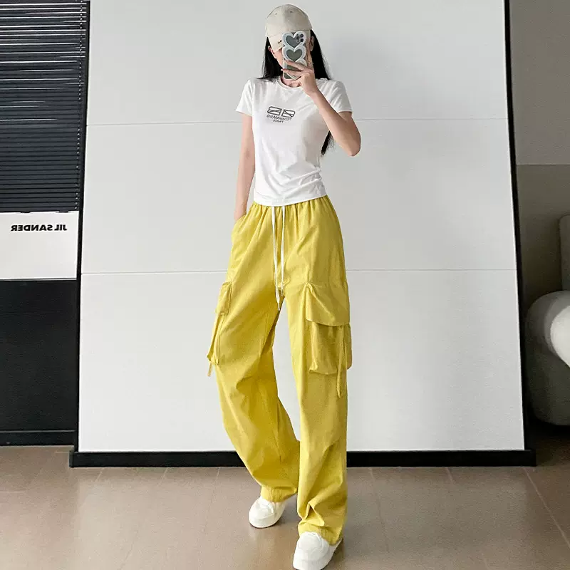 美式复古工装裤女夏高腰直筒阔腿宽松休闲拖地钻短袖T恤时尚套装