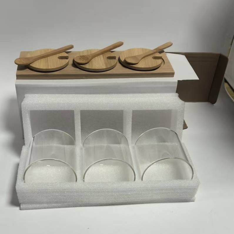 alta borosilicona vidrio condimento lata cubierta de madera de bambú con cuchara condimento lata cocina doméstica almacenamiento condimento lata spot