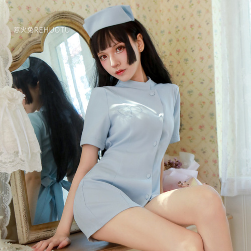 Hot Rabbit 2 New Sexy Lingerie Sexy Round Neck Passionate Hot Short Skirt Straps Nurse Uniform Temptation Set