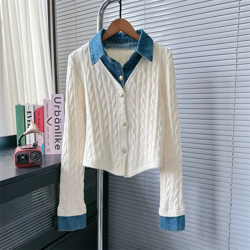 牛仔拼接polo领假两件毛衣女秋冬大码胖mm显瘦遮肚长袖针织衫上衣