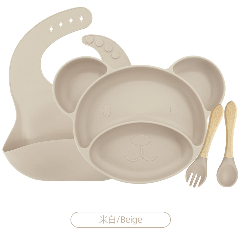 아이보리 4 피스 세트 (턱받이 + 작은 미키 플레이트 + 나무 포크와 숟가락)