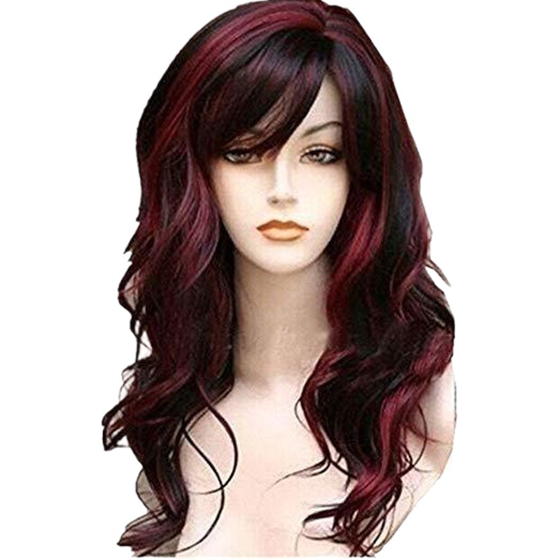 Peluca transfronteriza Mujeres europeas y americanas Split negro y rojo color largo pelo rizado alta temperatura seda fibra química sombrero multicolor opcional