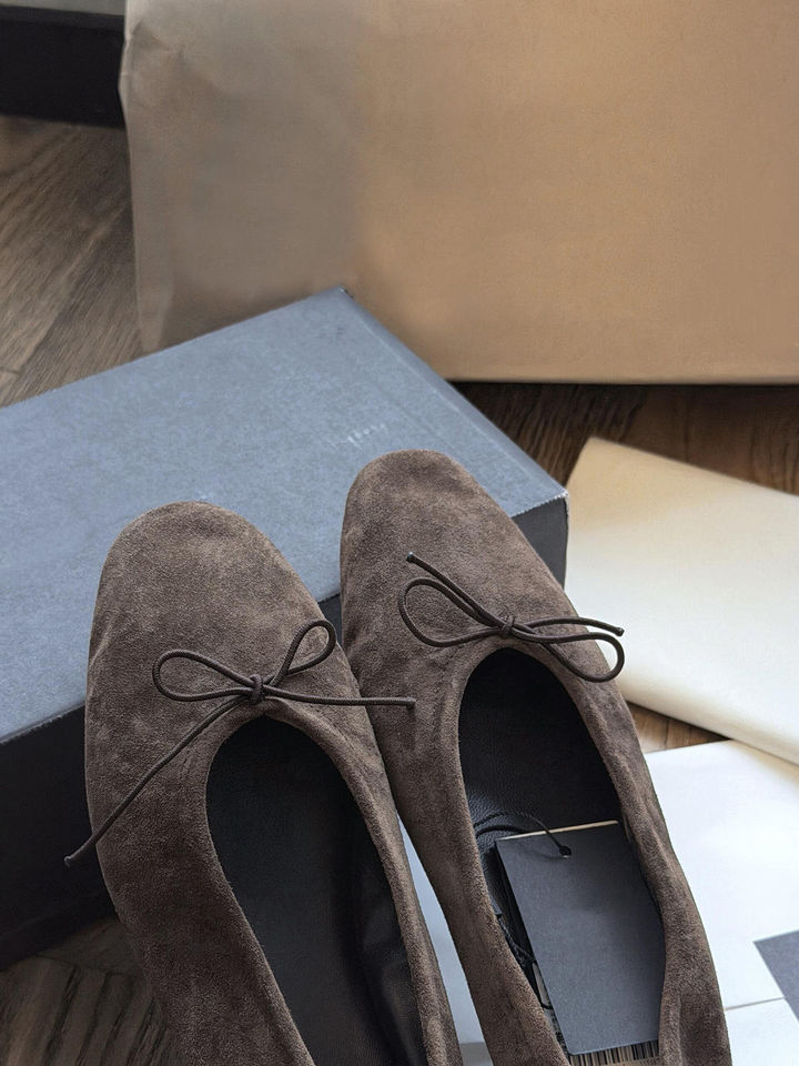 Giày búp bê nữ da bò đính nơ phong cách retro, đế bệt mũi tròn xỏ chân cổ thấp — Màu nâu (da) chi tiết 3