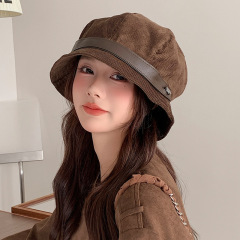 美拉德复古灯芯绒渔夫帽子女秋冬季防晒日系显脸小礼帽大头围盆帽