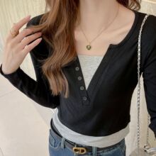 撞色假两件正肩长袖T恤女装早秋季小众设计感短款打底衫内搭上衣