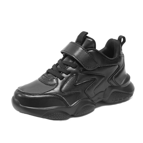 Children's Running Shoes - Full Black Leather, Lightweight, Breathable Mesh Design, Suitable for Autumn