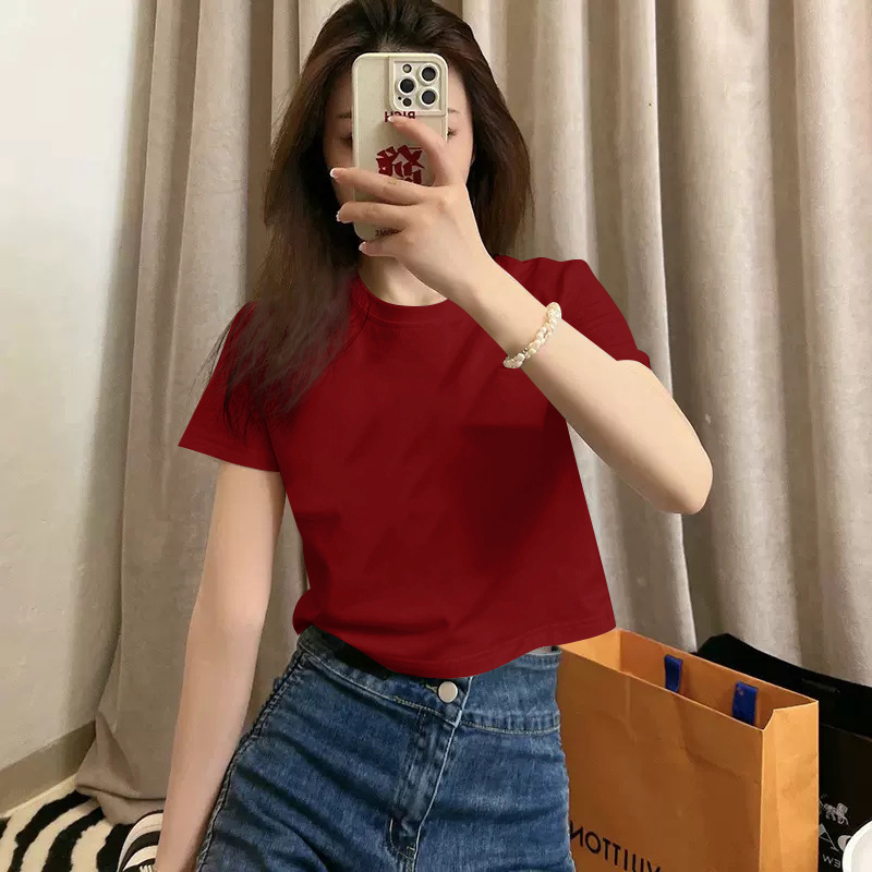 American-style Retro Short Solid Color Short-sleeved T-shirt Women's Summer Sweet Spice Girl Slim-fit Shoulder Short Cropped Top Trendy