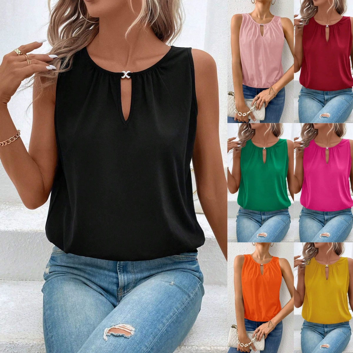 В наличии: Новинка 2025 года, коллекция Весна/Лето, женская одежда для трансграничной торговли Amazon (Европа и Америка), модный и элегантный однотонный топ на пуговицах с круглым вырезом, стильный и универсальный.