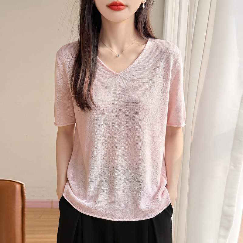 2026 Summer New Style V-Neck Short-Sleeved Knitwear for Women Loose Seamless T-Shirt Summer Women's Clothing Large Size Thin Top 2026 Summer New Style V-Neck Short-Sleeved Knitwear for Women Loose Seamless T-Shirt Summer Women's Clothing Large Size Thin Top