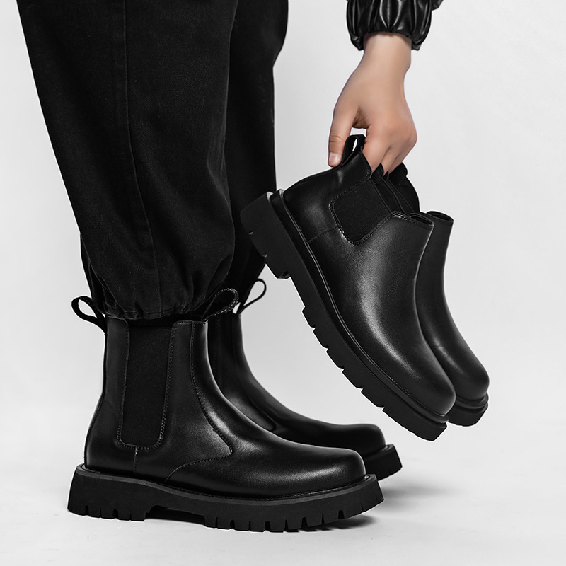 Chelsea boots men's leather slip-on Martin boots retro British style versatile business casual leather boots hidden height men's shoes
