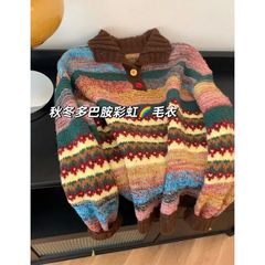 MINETTE2024新慵懒风秋冬多巴胺彩虹条纹毛衣女加厚翻领针织上衣