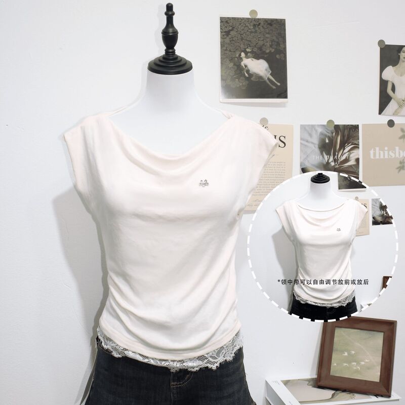 Clavicle-Length Short-Sleeved T-Shirt for Women, Summer 2026, Loose Lace Splicing Design, Versatile and Slimming Top