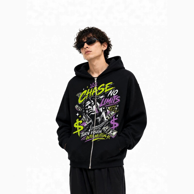 Independent store's best-selling American streetwear-style 3D money portrait graffiti zip-up hoodie, hip-hop loose fit Independent store's best-selling American streetwear-style 3D money portrait graffiti zip-up hoodie, hip-hop loose fit