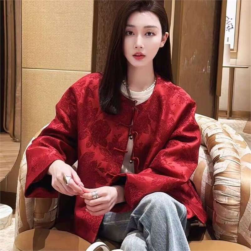 红色新中式外套女秋冬复古中国风高端优雅提花盘扣本命年新年战袍|undefined
