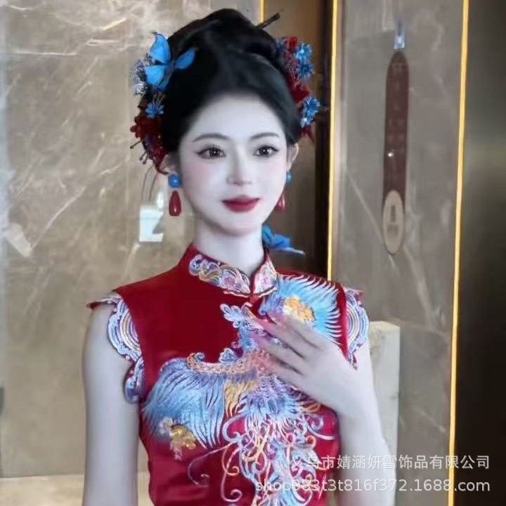 新中式新娘头饰森系蓝色蝴蝶发夹结婚纱礼服造型复古晨袍发饰品女|undefined